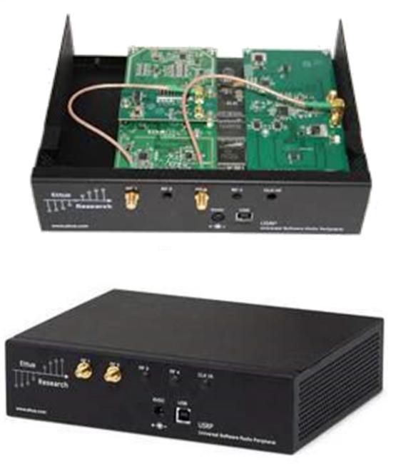 Ettus Research USRP software-defined radio hardware, shown open and closed
