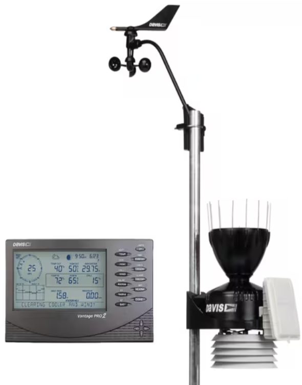 Vantage Pro2 weather station console, wind vane and integrated sensor suite